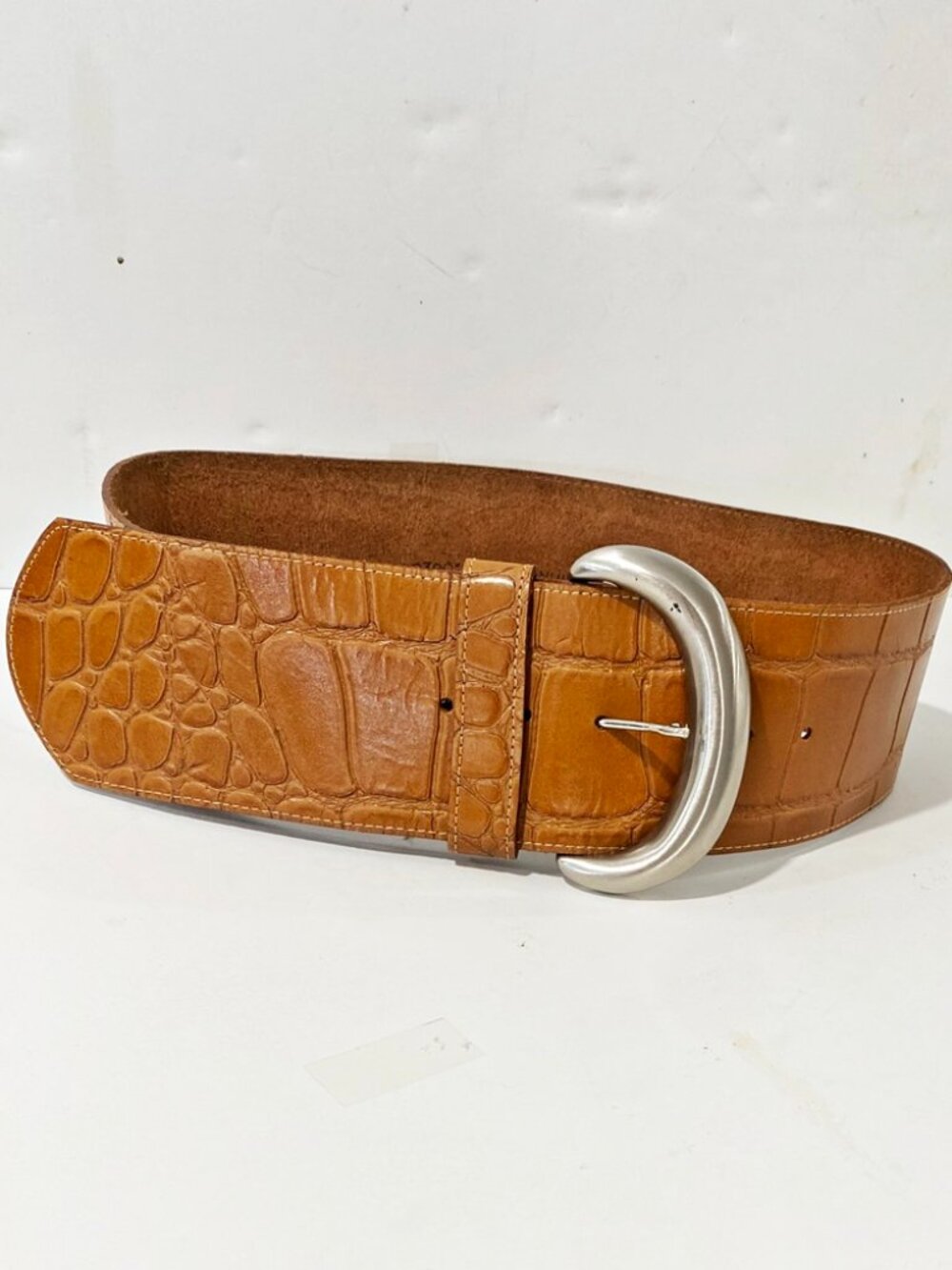 Womens Fashion Belt Honey-Tone Genuine Cowhide Croco Leather USA Size SM